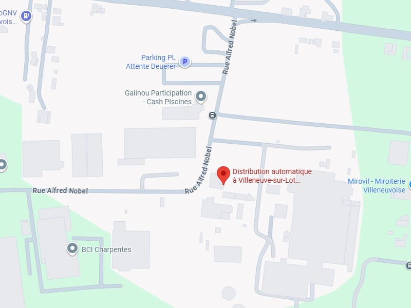 Plan Rue Alfred Nobel et Cash Piscines Villeneuve-sur-Lot Plan de la Rue Alfred Nobel à Villeneuve-sur-Lot montrant Cash Piscines, BCI Charpentes et distribution automatique.